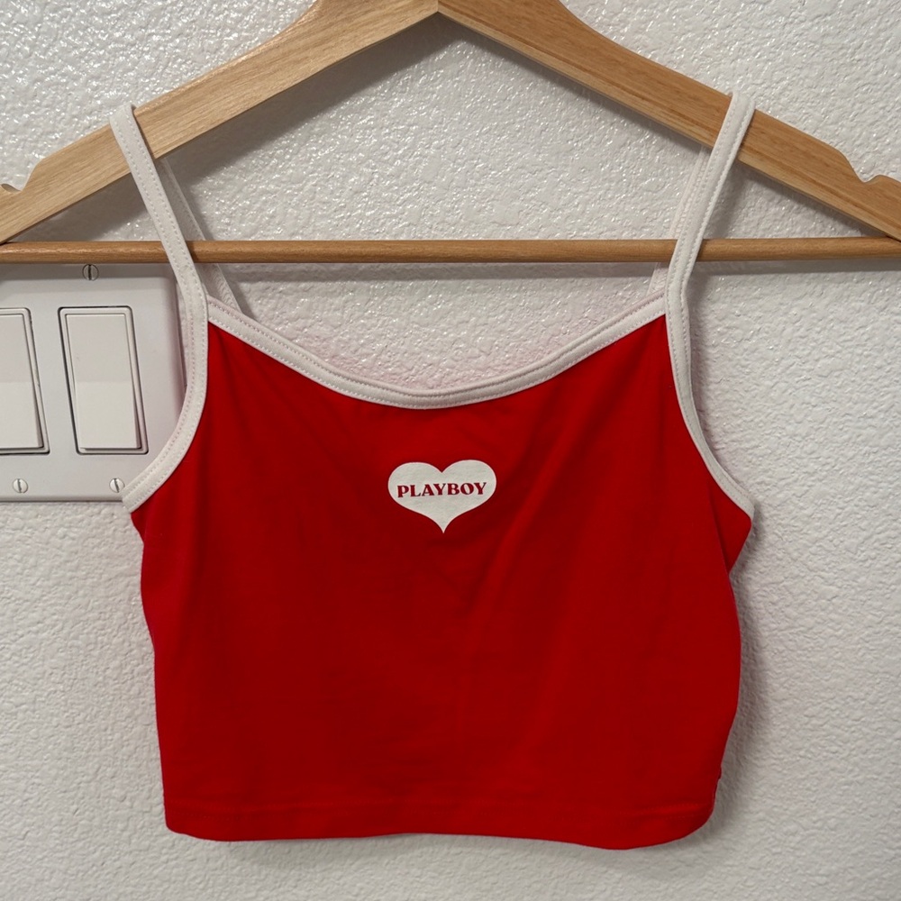 PLAYBOY Red and White Heart Logo Crop Top